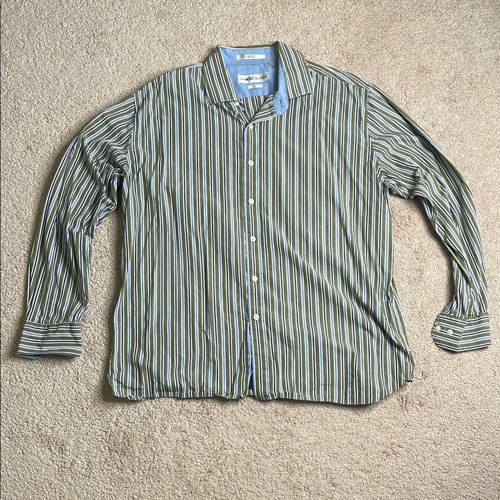 Henry Grethel Green and Blue Striped Casual Button Down Shirt